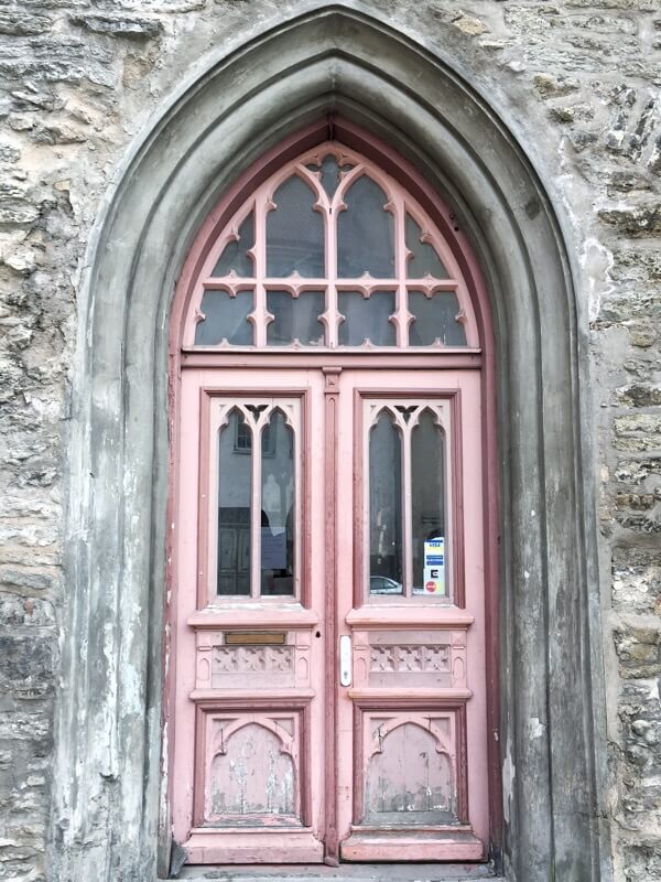 Pink church door