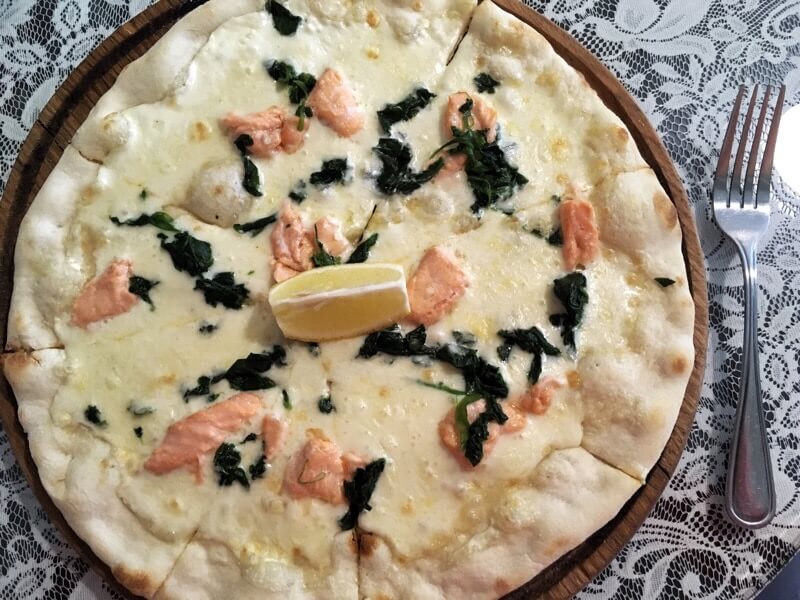 Cheese, cream, salmon, and spinach