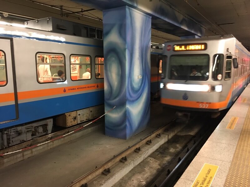 Passing metro trains